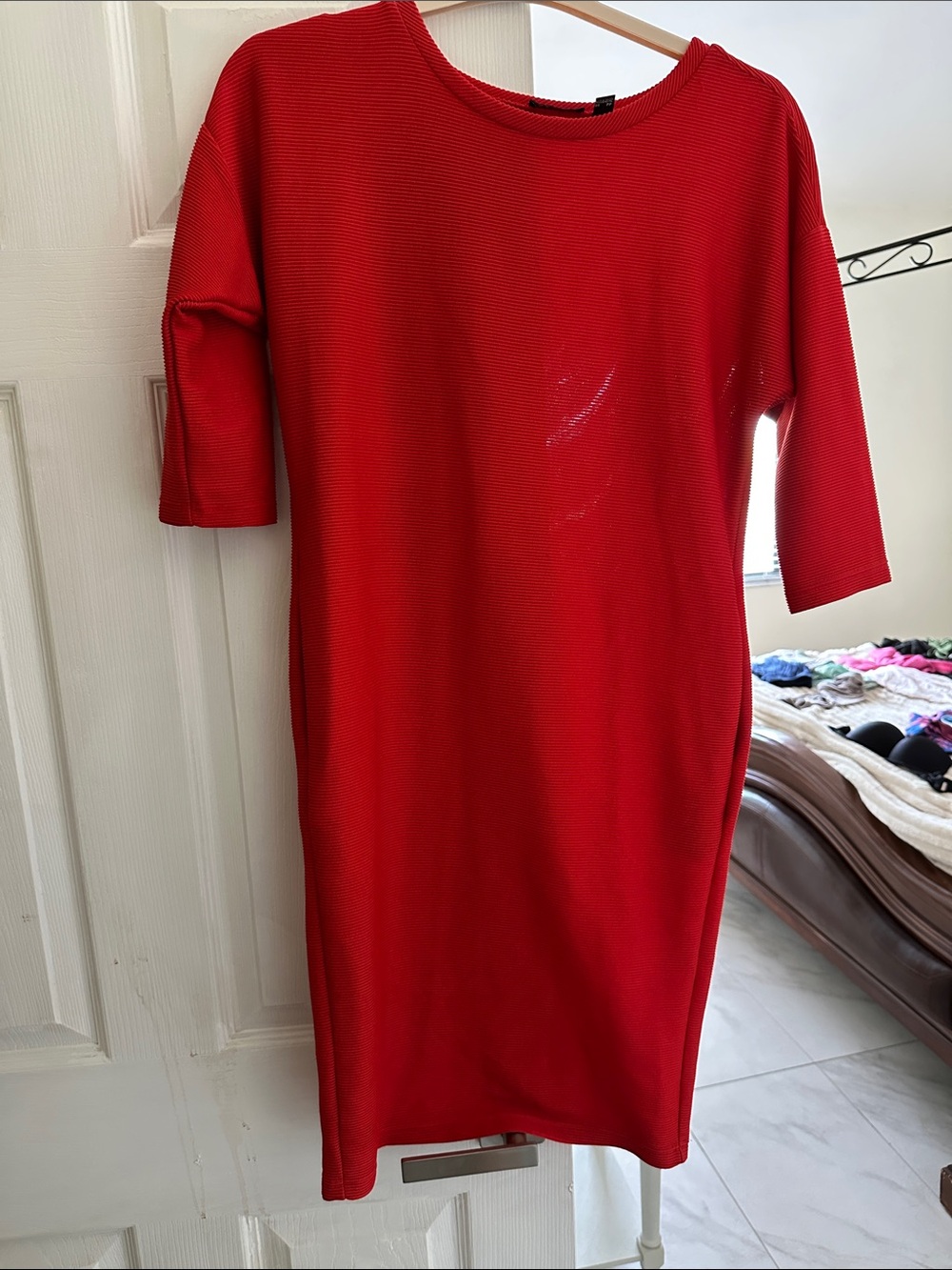 VENUS Bright Red Knit Midi Dress with Elbow Sleeves